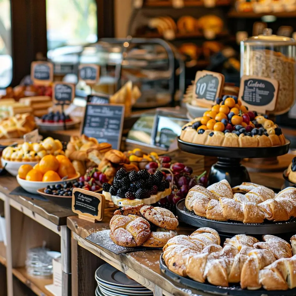 Breakfast spread of croissants, pastries, fruit tarts and fresh berries