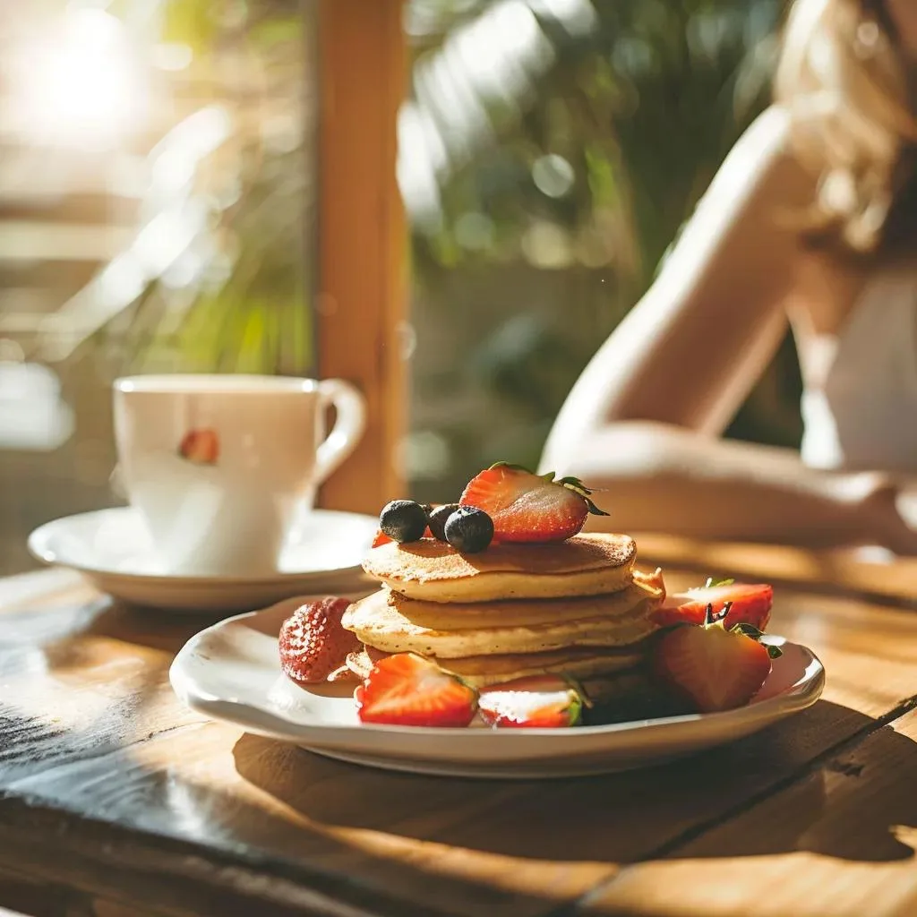 Stack of pancakes with strawberries and blueberries beside a cup of coffee