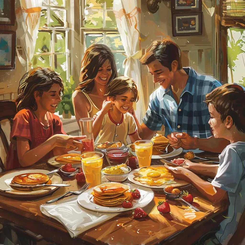 Illustration of a family sharing a pancake breakfast at a kitchen table