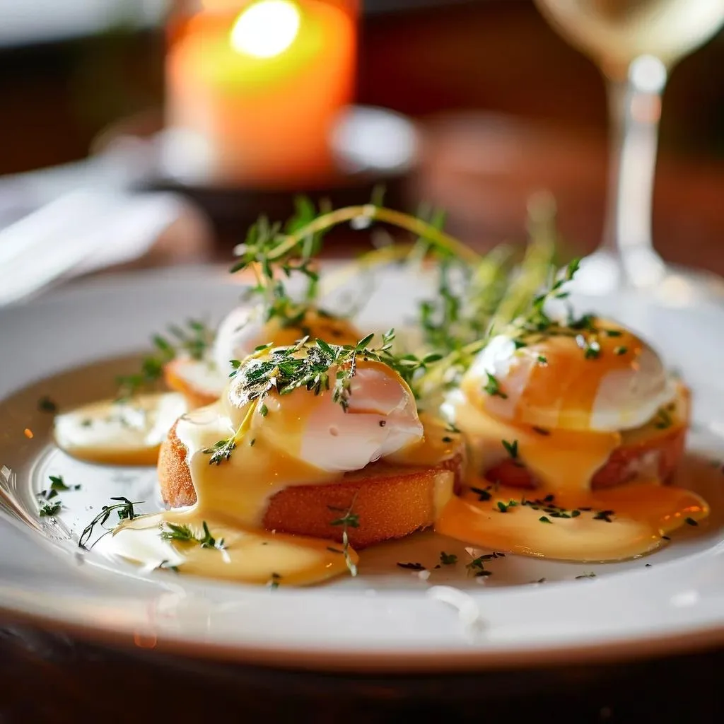 Eggs Benedict with hollandaise and fresh herbs on a white plate
