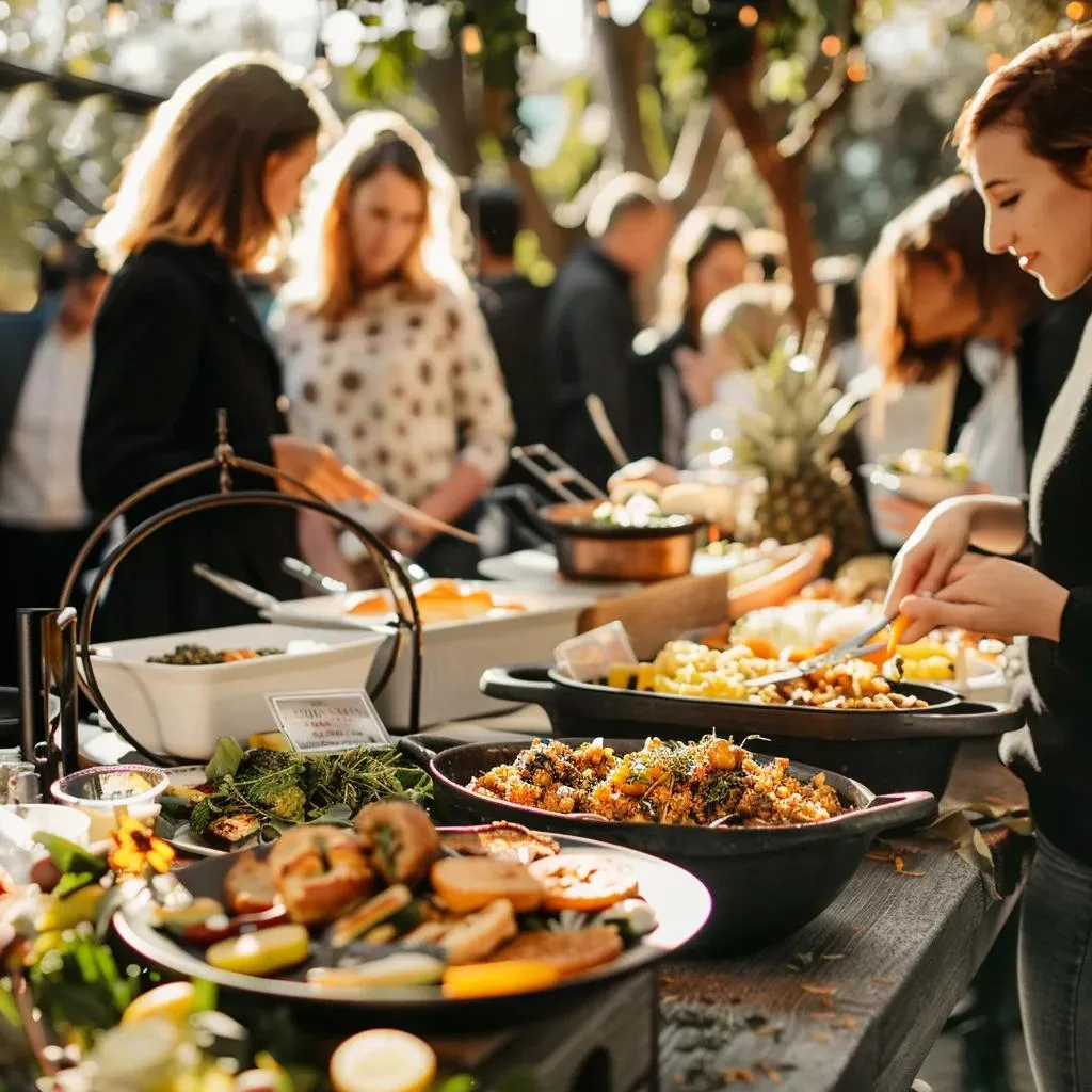 Guests serving themselves from a catered breakfast buffet at an outdoor event