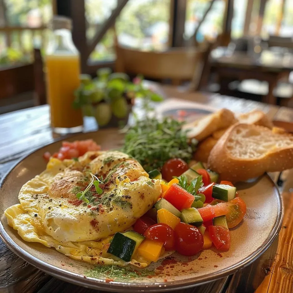 Omelet with tomato and cucumber salad, microgreens and toasted bread